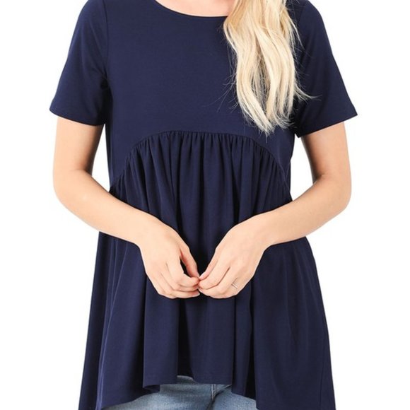 Baby Doll Brushed Waist Sheering Top, Navy - Picture 1 of 2